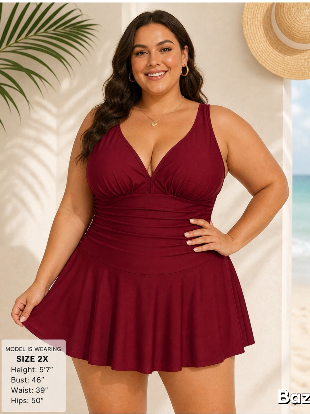Sz 2x Shekini Wine Red Tummy Control Ruched Front Swim Dress